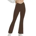 Close-up view of brown high-waisted flare yoga pants featuring a cross waist design - S / Bottoms / Internal Pocket Included / Coffee