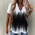Detail of wavy V-neckline and black-white gradient print on short sleeve shirt - S / Tops / Black Gradient