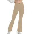 High-waisted flare yoga pants with unique crossover waist design in solid beige color - Khaki
