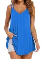 Detail view of a blue summer V-neck camisole with double spaghetti straps. - S / Tops / Blue