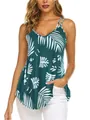 Camiseta de tirantes doble con cuello en V para mujer con estampado de hojas tropicales - Verde Floral