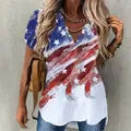 Stylish casual women's wavy V-neck blouse featuring artistic American flag stars and stripes print - S / Tops / White Star