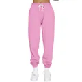 Nahaufnahme von rosa fleecegefütterten Jogginghosen mit elastischem Bund und Kordelzug - Rosa