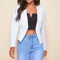 Front view of a white casual blazer for women featuring silver zipper pocket details - S / Tops / White