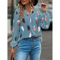 Women's V-neck long sleeve loose top featuring stylish feather print in blue colorway - Light Blue