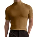 Vista frontale di una t-shirt da uomo a maniche corte con lupetto, vestibilità slim, color ocra - Kaki