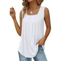 Detail shot of a white sleeveless tank top featuring a pleated square neck design - Cream White Cotton-like