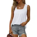 Close-up of pleated square neck and sleeveless design of this white high-low tank top - S / Tops / White