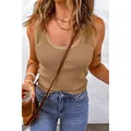 Detailed close-up view of the waffle knit texture on a khaki U-neck tank top for women - S / Tops / Khaki