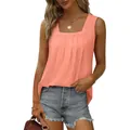 Front view of trendy coral orange sleeveless tank top featuring a pleated square neckline - S / Tops / Pink