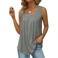 Grey square neck sleeveless tank top with pleated front detail for women - Grey Cotton-like