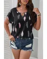 Elegant plus size black V-neck t-shirt for women featuring a stylish feather print. - Black