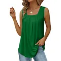 Close-up detail of a green pleated square neck sleeveless tank top shown on a fashion model - Green