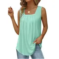 Front view of mint green sleeveless tank top with square neck and pleated detailing - Light Green