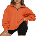 Oversized orange half-zip long sleeve fleece sweatshirt for women in casual fit - S / Tops / Orange