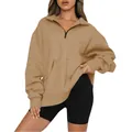Women's oversized half-zip sweatshirt featuring a front pocket in minimalist camel color - S / Tops / Khaki