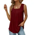 Detailed close-up view of the pleated front and square neck on this wine red tank top - Burgundy