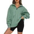 Felpa oversize verde salvia con mezza zip e tasca a marsupio per la moda autunnale donna. - 3XL / Top / Verde lago