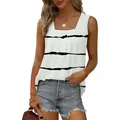 Close-up detail of women's square neck pleated sleeveless tank top with black stripes - S / Tops / White