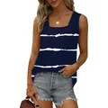 Navy blue sleeveless tank top with white tie-dye stripes and elegant square neckline. - Navy Blue