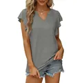Camiseta gris informal para mujer con cuello en V y elegantes mangas de volante - Gris