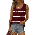 Detailed view of the square neck and delicate pleats on a wine red striped tank top - Burgundy