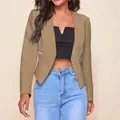 Fashionable khaki cropped open front blazer for women with silver zipper details - S / Tops / Khaki