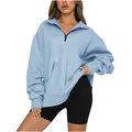 Confortevole felpa da donna azzurra con mezza zip e tasca frontale a maniche - 3XL / Top / Azzurro