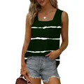 Close-up view of dark green striped square neck sleeveless pleated tank top for women - Dark Green
