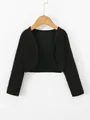 Close-up of black long-sleeved cropped bolero shrug jacket hanging on wooden hanger - S / Tops / Black