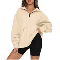 Felpa sportiva beige oversize da donna con mezza zip e pratica tasca frontale - 3XL / Top / Albicocca chiaro