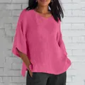 Loose V-neck fuchsia pink cotton linen blouse top shown on model - S / Tops / Rose Red