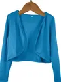 Close-up detail of a bright blue long sleeve cropped bolero shrug jacket for women's fashion - Blue