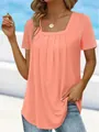 Elegante t-shirt corallo a maniche corte con scollo quadrato e pieghe donna vestibilità comoda. - Taglia S / Top / Rosa