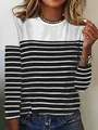 Close-up detail of the round neck and black and white striped pattern on the long-sleeved T-shirt - S / Tops / White