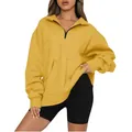 Women's yellow long sleeve half-zip hoodie sweatshirt with front pocket and shorts - S / Tops / Yellow