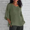 Elegant army green loose V-neck half-sleeve top for women featuring a textured linen-like fabric - S / Tops / Army Green