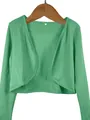 Detailed view of an elegant green cropped bolero shrug cardigan on a wooden hanger for women - Light Green