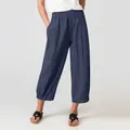 Full length view of comfortable navy blue loose casual wide-leg trousers on female model - S / Bottoms / Navy Blue
