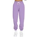 Detailed view of light purple fleece sweatpants with white drawstring and elastic cuffs - S / Bottoms / Purple