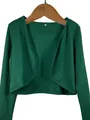 Detailed view of women's dark green cropped bolero shrug featuring open front design - Dark Green