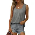 Casual grey square neck sleeveless pleated tank top for women with swallowtail hem - S / Tops / Gray