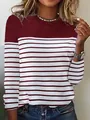 Close-up of long-sleeved top with wine red and white horizontal stripes and round neck - S / Tops / Burgundy