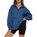 Felpa da donna blu scuro con mezza zip pullover con tasca a marsupio e maniche lunghe - 3XL / Top / Blu jeans
