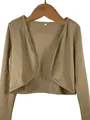 Detailed view of a brown cropped open-front bolero shrug cardigan with long sleeves - Khaki