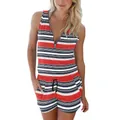 Mono corto de verano para mujer sin mangas con rayas rojas y azules y cremallera frontal - S / Top Y Pantalón / Estampado de Rayas Rojo Blanco Azul (006)