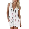 White sleeveless romper for women featuring feather print and front zipper closure - S / Top And Bottom / White Feather (009)