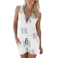 Summer sleeveless romper for women with zipper front and script print in white color - S / Top And Bottom / White Script Print (0013)