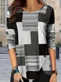 Close-up of a stylish women's plaid long-sleeve knit top with elegant button details - S / Tops / Gray