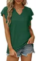 Camiseta de verano con cuello en V y mangas con volantes para mujer, color verde sólido - S / Tops / Verde Oscuro